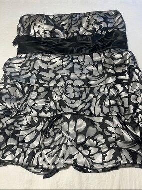 Strapless Black and Silver Floral Satin Party Dress